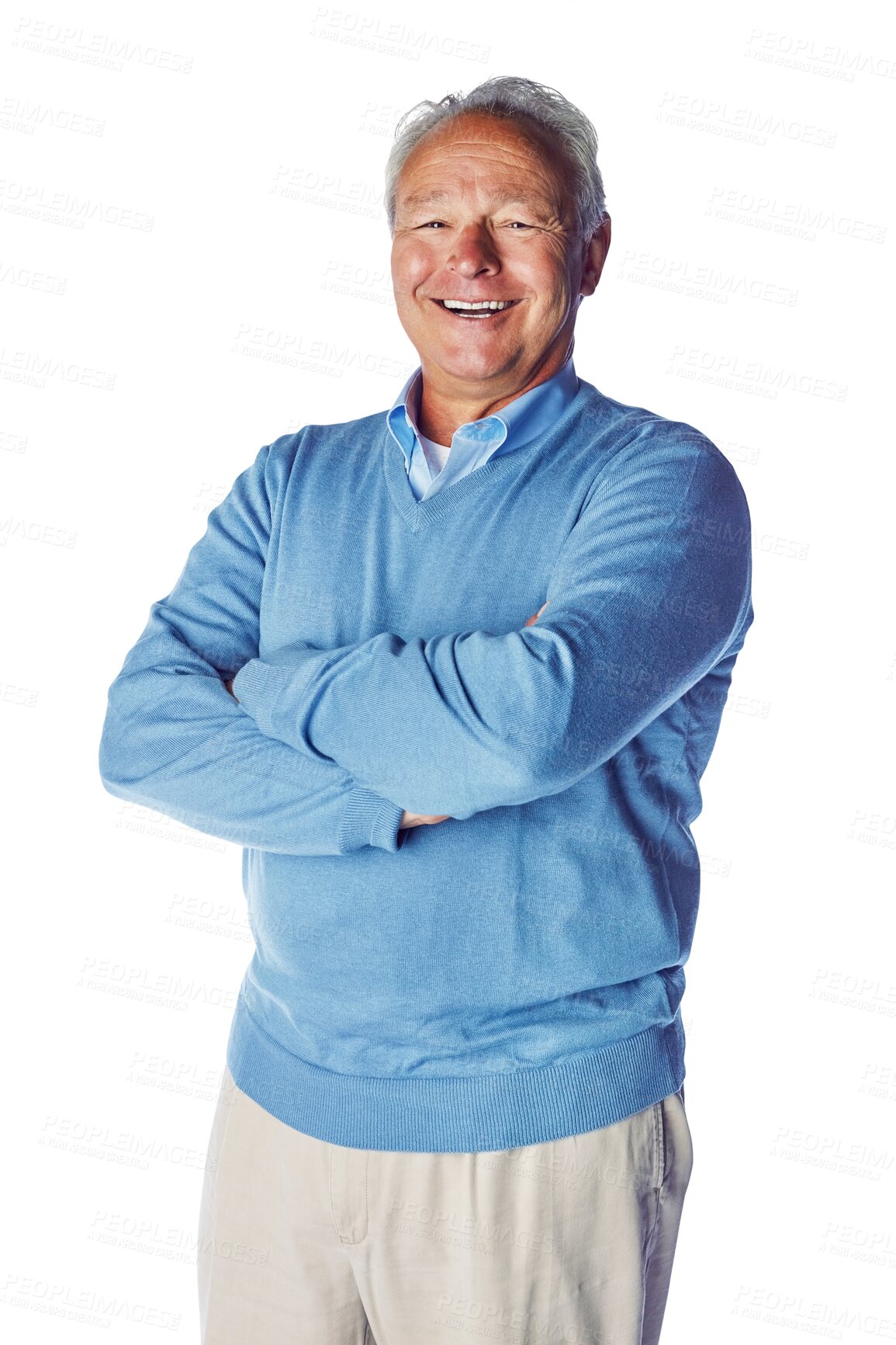 Buy stock photo Portrait, happy and arms crossed with a mature man isolated on a transparent background for business. Professional, smile and experienced with a male manager or employee on PNG for a corporate career