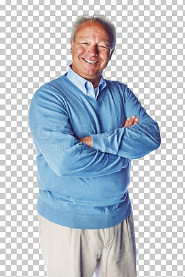 Buy stock photo Portrait, happy and arms crossed with an old man isolated on a transparent background for business. Professional, smile and experienced with a male management employee on PNG for a corporate career