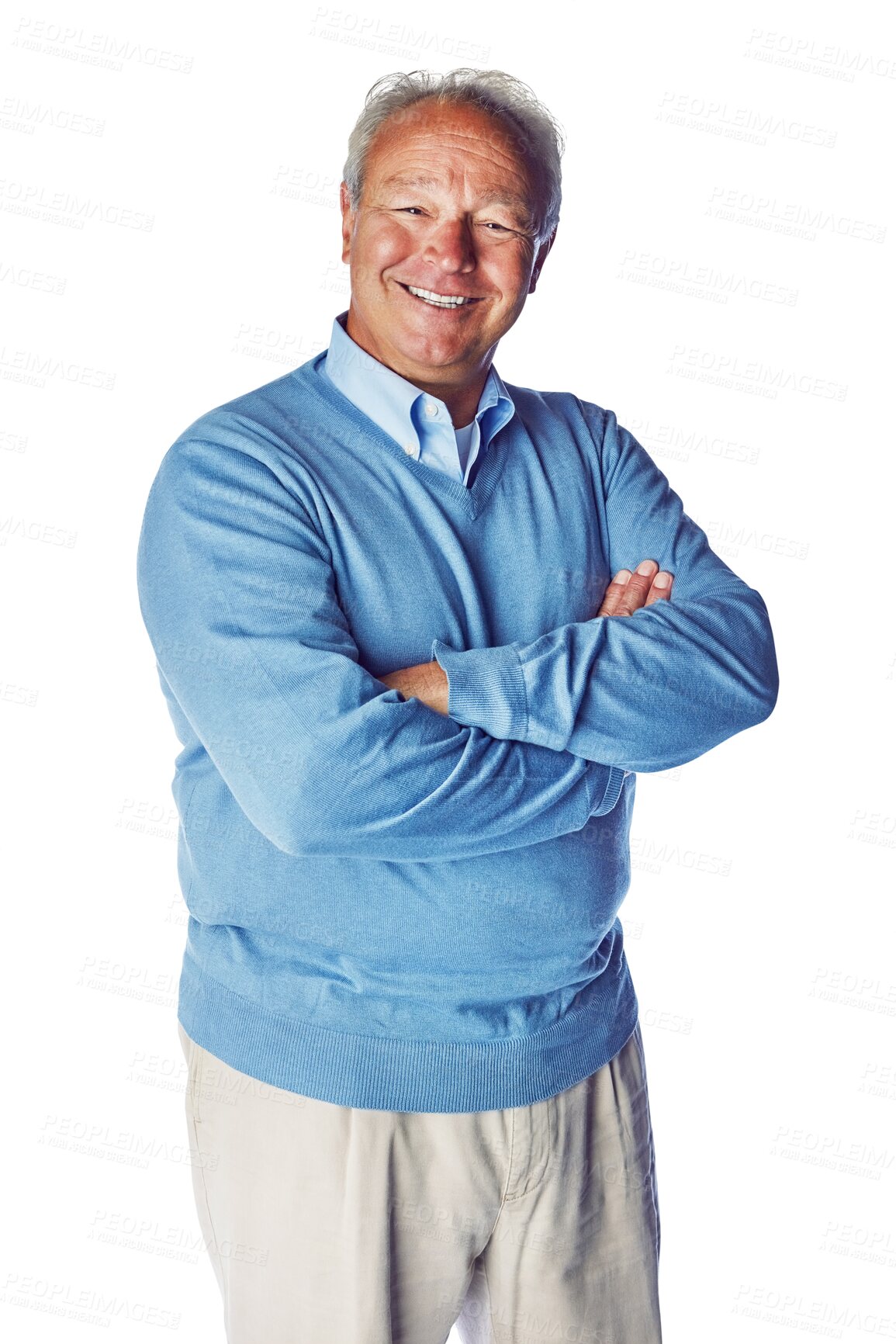 Buy stock photo Portrait, happy and arms crossed with an old man isolated on a transparent background for business. Professional, smile and experienced with a male management employee on PNG for a corporate career