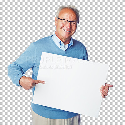 Buy stock photo Elderly man, portrait and pointing on poster, billboard or placard for advertising or marketing. Happy senior male showing board for mockup or copy space isolated on a transparent PNG background