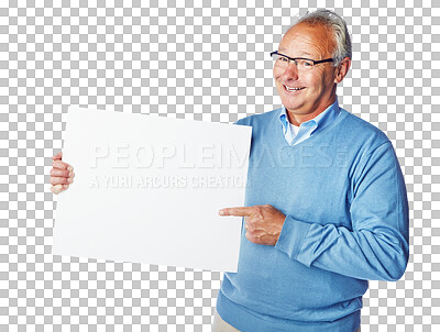 Buy stock photo Elderly man, portrait and pointing on billboard, poster or placard for advertising or marketing. Happy senior male showing board for mockup or copy space isolated on a transparent PNG background