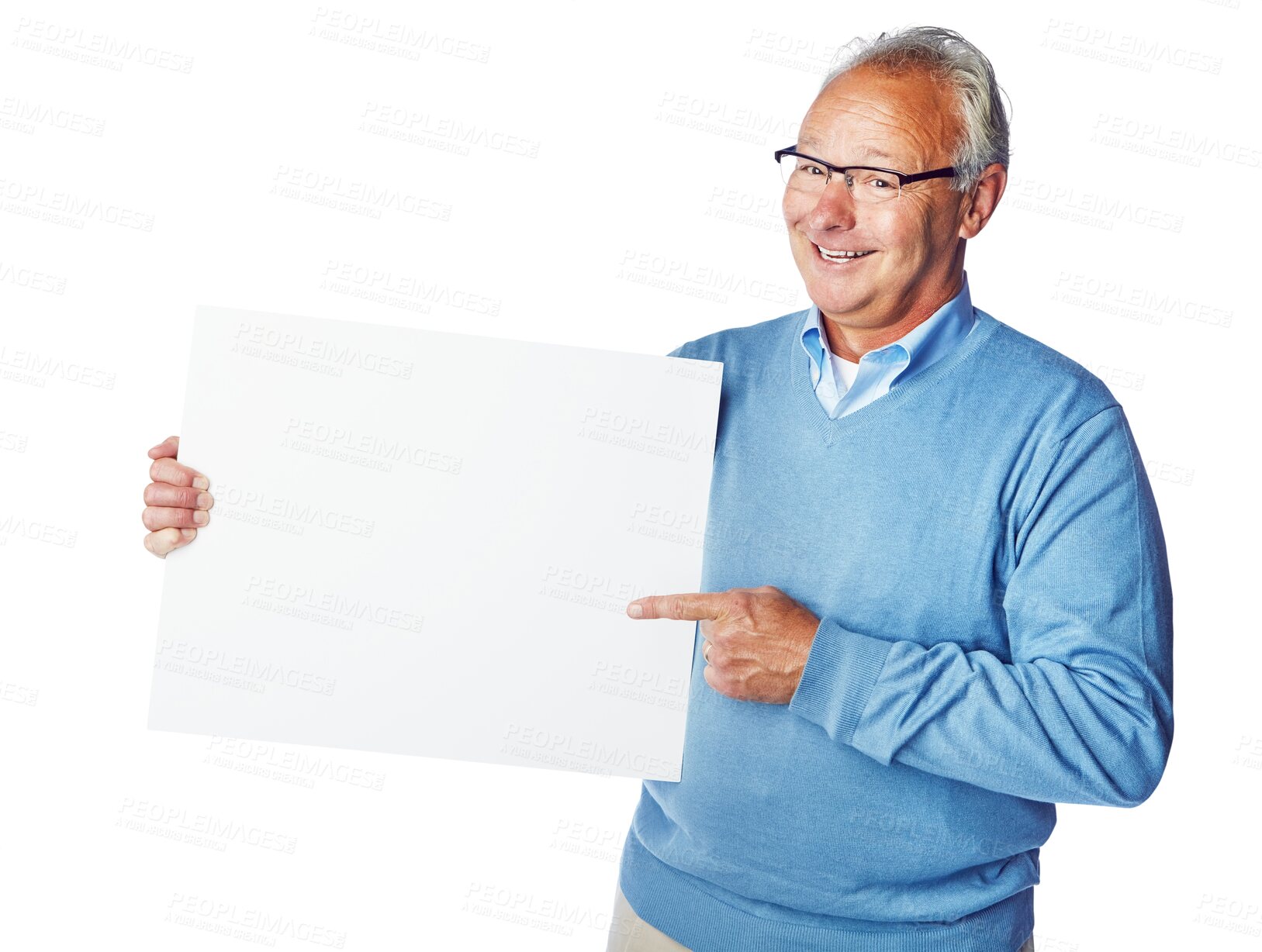 Buy stock photo Elderly man, portrait and pointing on billboard, poster or placard for advertising or marketing. Happy senior male showing board for mockup or copy space isolated on a transparent PNG background