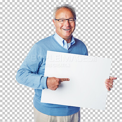 Buy stock photo Senior, happy man and portrait pointing on billboard, poster or placard for advertising or marketing. Elderly male showing board for mockup or copy space isolated on a transparent PNG background