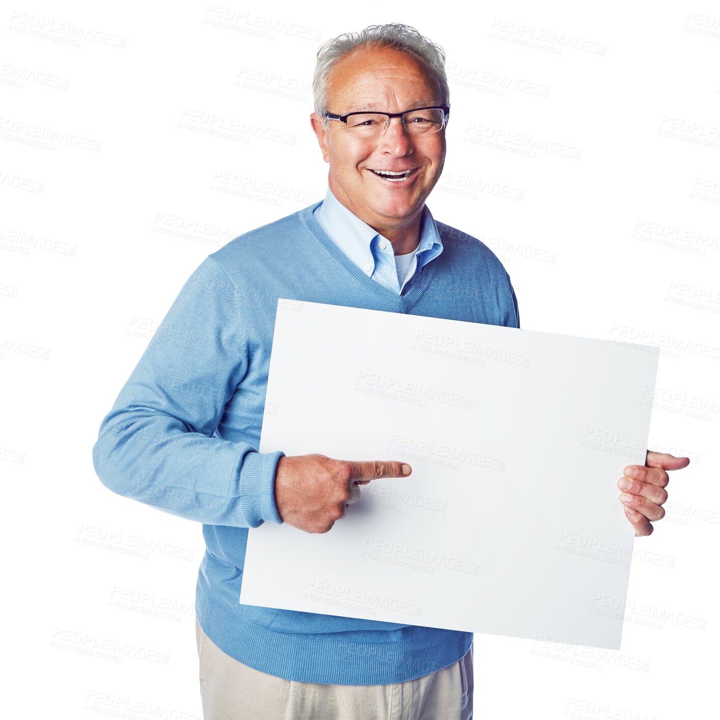 Buy stock photo Senior, happy man and portrait pointing on billboard, poster or placard for advertising or marketing. Elderly male showing board for mockup or copy space isolated on a transparent PNG background