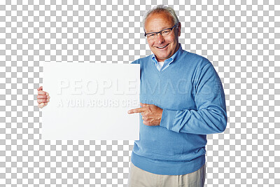 Buy stock photo Senior man, portrait and pointing on billboard, poster or placard for advertising or marketing. Happy elderly male showing board for mockup or copy space isolated on a transparent PNG background