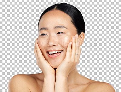 Buy stock photo Natural, beauty and asian woman with hands on face and thinking of cosmetics and skin health or wellness. Aesthetic female model smile isolated on transparent, png background for facial dermatology