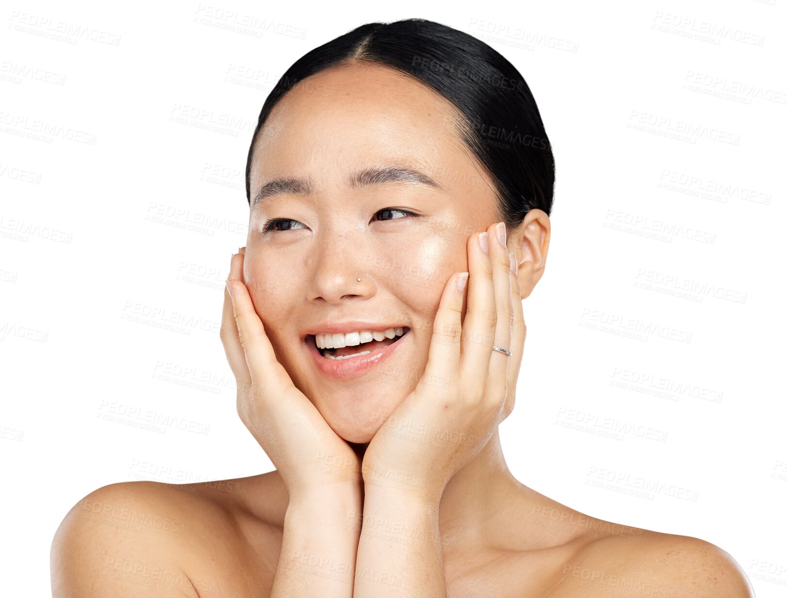 Buy stock photo Natural, beauty and asian woman with hands on face and thinking of cosmetics and skin health or wellness. Aesthetic female model smile isolated on transparent, png background for facial dermatology