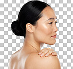 Face, beauty and skincare with a model asian woman in studio isolated on a png background to promote a natural product. Cosmetics, luxury and profile with an attractive young female posing for wellness