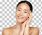 Face, beauty skicare and asian woman with makeup, cosmetics and skin health or wellness . Portrait healthy girl smile in studio against isolated on a png background and routine for soft, smooth or glowing skin