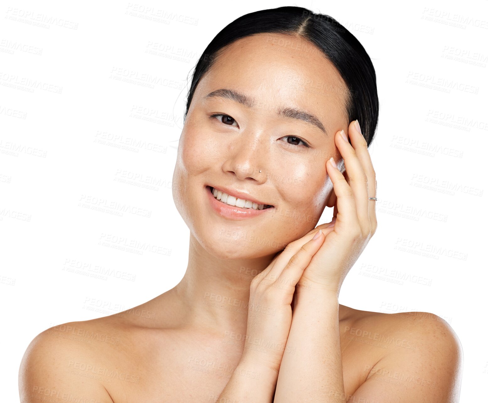 Buy stock photo Face, natural beauty and portrait of asian woman with glow, cosmetic and skin health or wellness. Aesthetic female model smile isolated on transparent, png background for facial dermatology shine