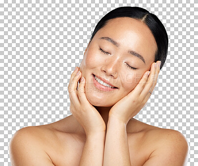 Buy stock photo Face, natural beauty and smile of asian woman with glow, cosmetics and skin health or wellness. Happy aesthetic female model isolated on transparent, png background for facial dermatology shine