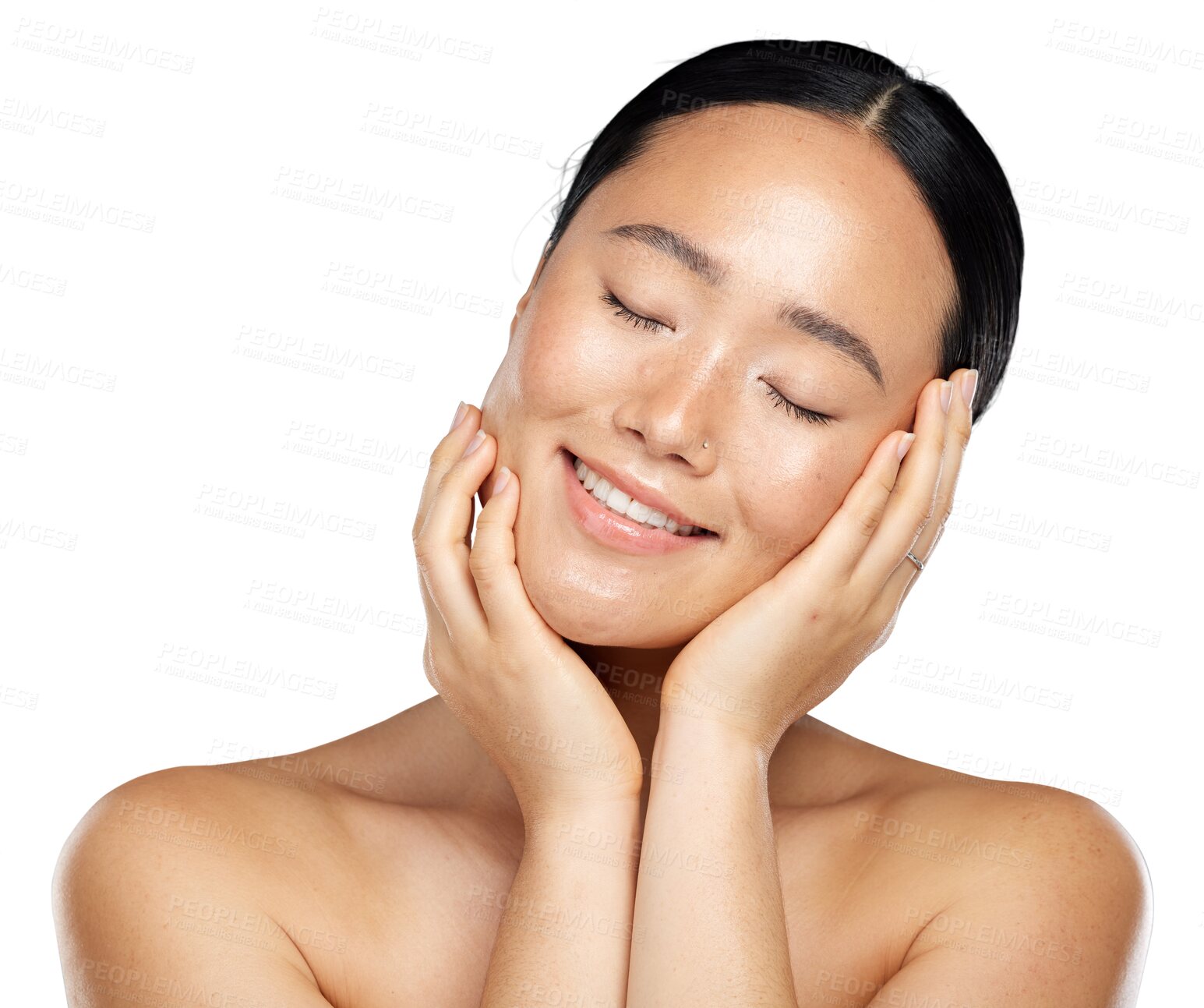 Buy stock photo Face, natural beauty and smile of asian woman with glow, cosmetics and skin health or wellness. Happy aesthetic female model isolated on transparent, png background for facial dermatology shine