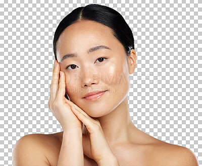 Buy stock photo Face, natural beauty and skin of asian woman with glow, cosmetic and health or wellness. Portrait of aesthetic female model with hands for facial self care isolated on transparent, png background