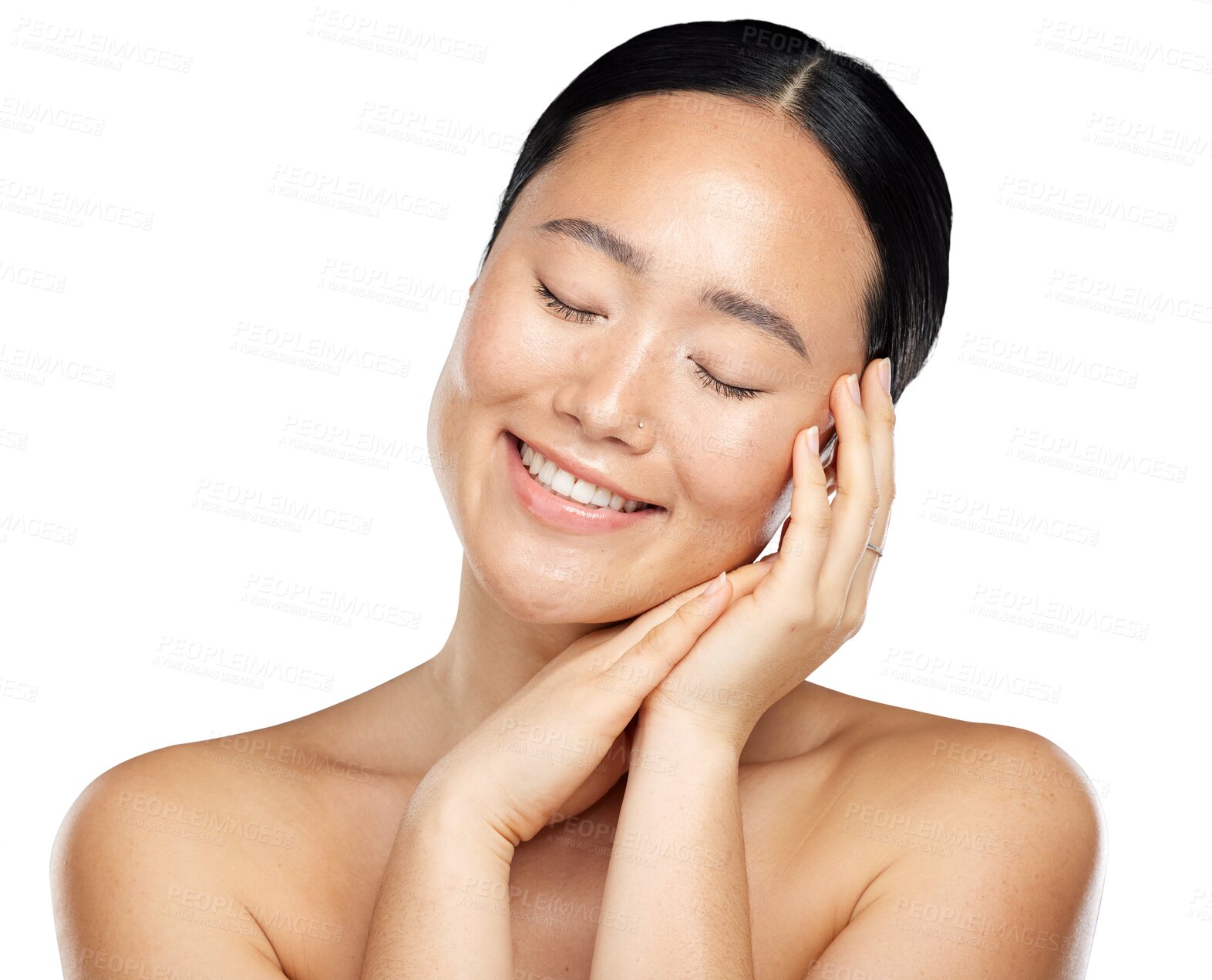 Buy stock photo Smile, natural beauty and face of asian woman with skin glow, cosmetics and health or wellness. Happy aesthetic female model isolated on transparent, png background for facial dermatology results