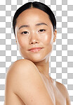 Skincare, wellness and beauty portrait of Asian woman on white background studio. woman with natural beauty and healthy skin model for beauty products, spa and skincare products for body care isolated on a png background