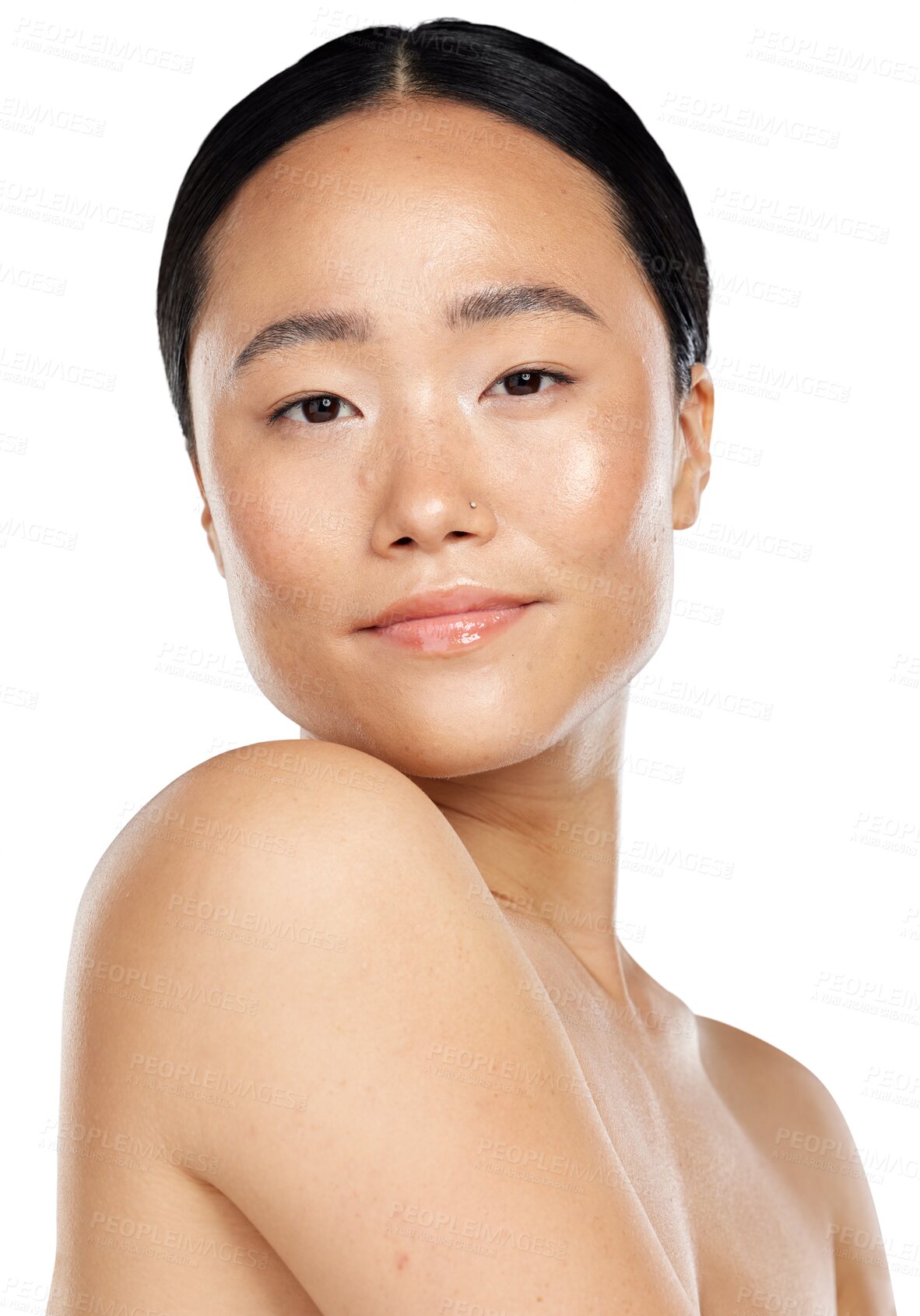 Buy stock photo Face, natural skin and beauty portrait of asian woman with glow, cosmetics and health or wellness. Headshot of aesthetic female model with facial dermatology isolated on transparent, png background