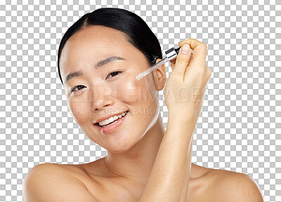 Buy stock photo Natural beauty, face and asian woman with serum or oil for glow, skin health or wellness. Portrait of happy female model with facial dermatology or skincare isolated on transparent, png background