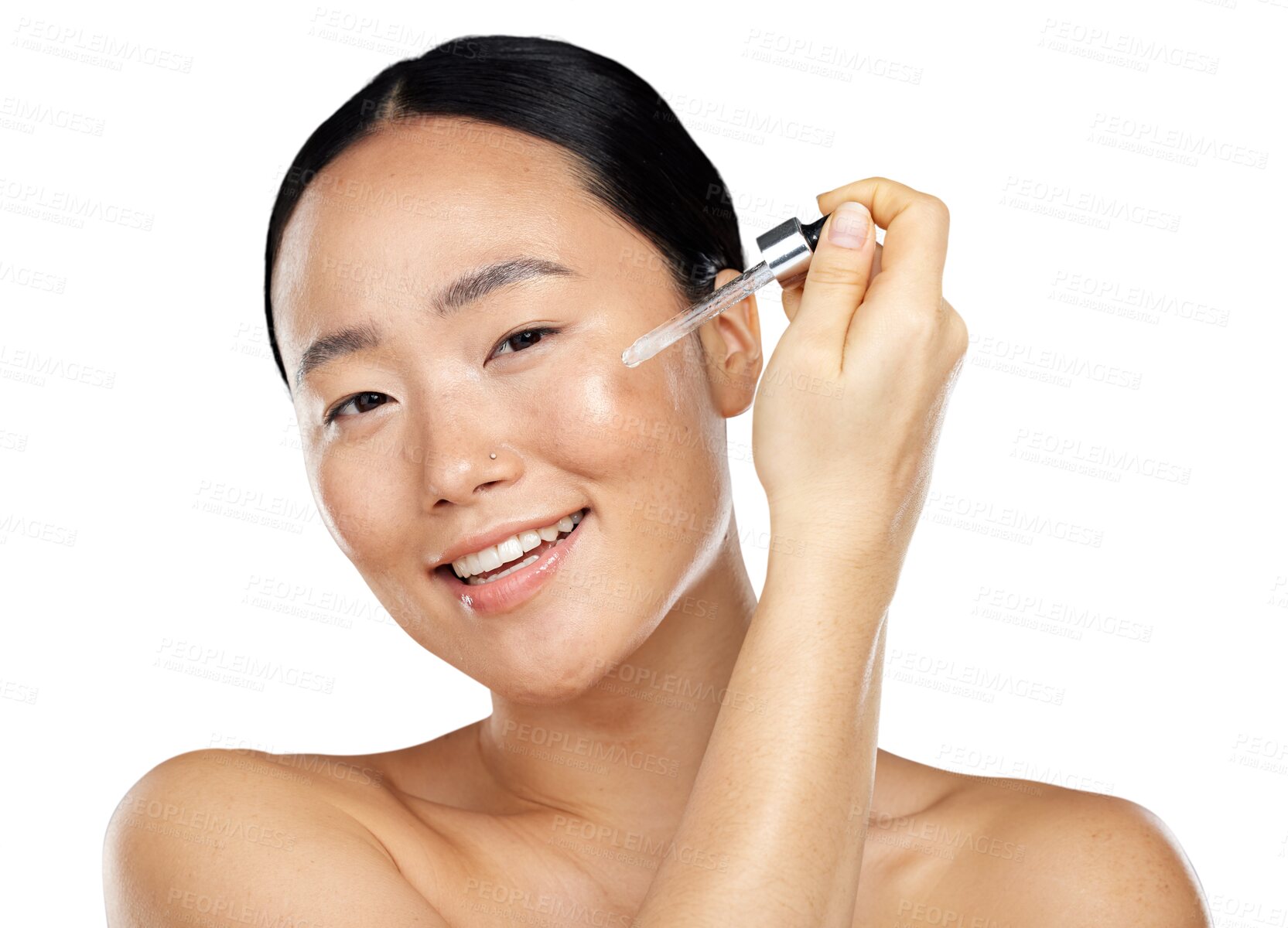 Buy stock photo Natural beauty, face and asian woman with serum or oil for glow, skin health or wellness. Portrait of happy female model with facial dermatology or skincare isolated on transparent, png background