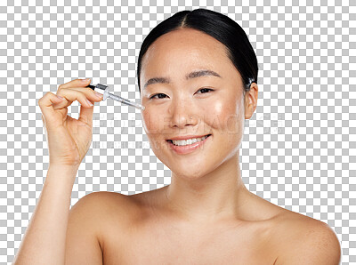 Buy stock photo Asian woman, natural beauty and face with serum or oil for glow, skin health or wellness. Happy female model smile for facial dermatology or skincare product isolated on transparent, png background