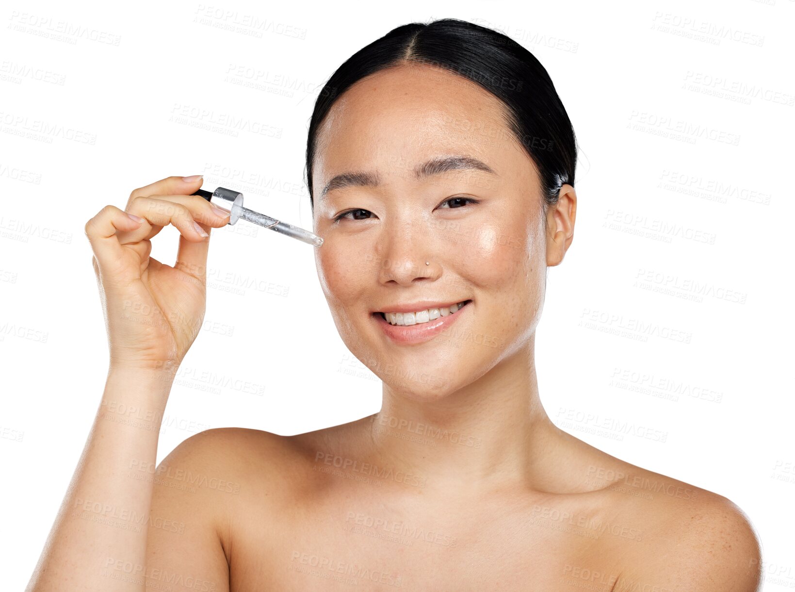 Buy stock photo Asian woman, natural beauty and face with serum or oil for glow, skin health or wellness. Happy female model smile for facial dermatology or skincare product isolated on transparent, png background