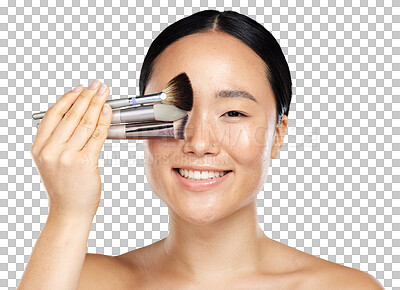 Buy stock photo Face, beauty and asian woman with makeup brush or cosmetics in hand for skin glow. Portrait of aesthetic female model smile isolated on transparent, png background for facial powder and cosmetology