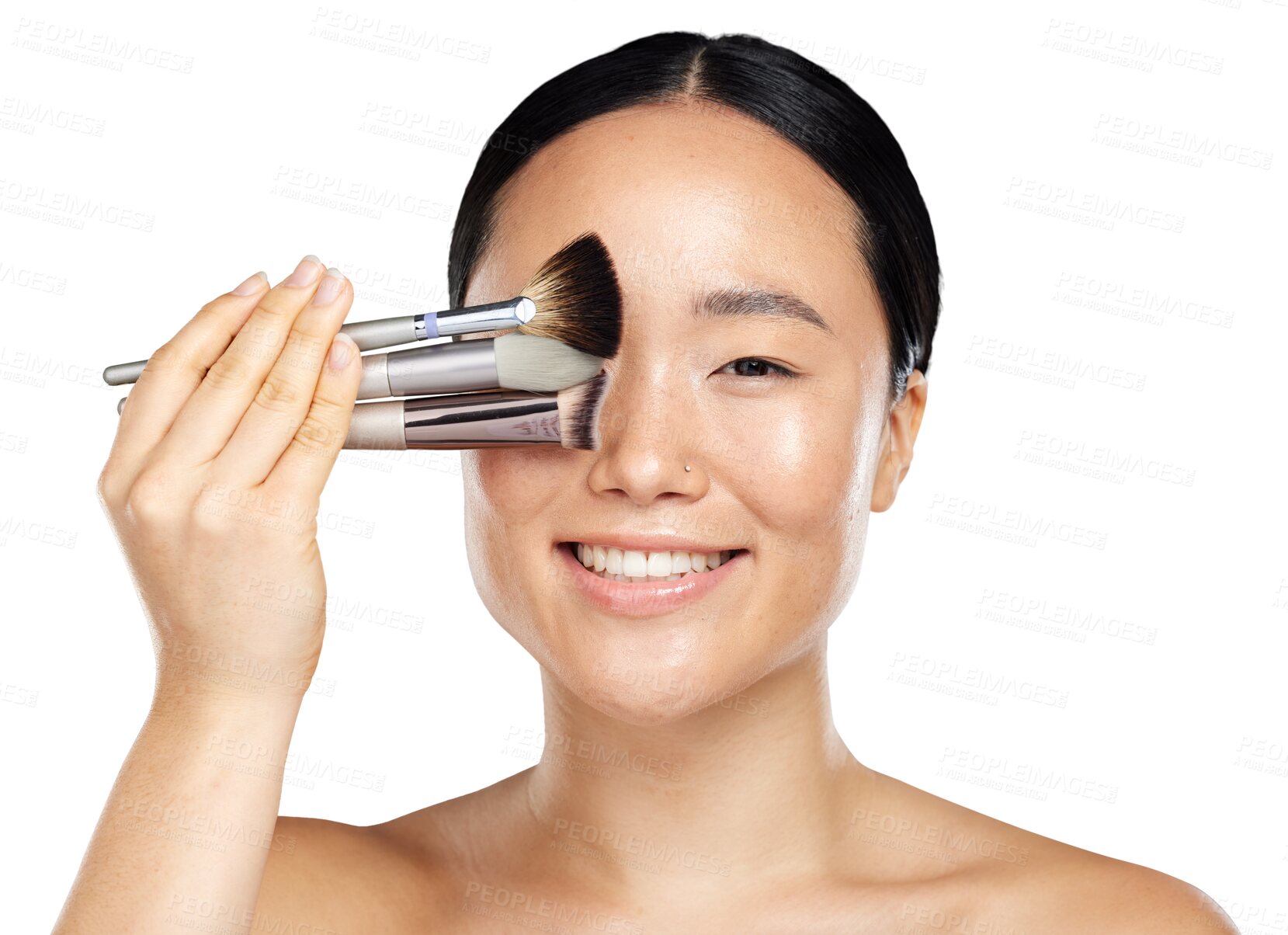 Buy stock photo Face, beauty and asian woman with makeup brush or cosmetics in hand for skin glow. Portrait of aesthetic female model smile isolated on transparent, png background for facial powder and cosmetology