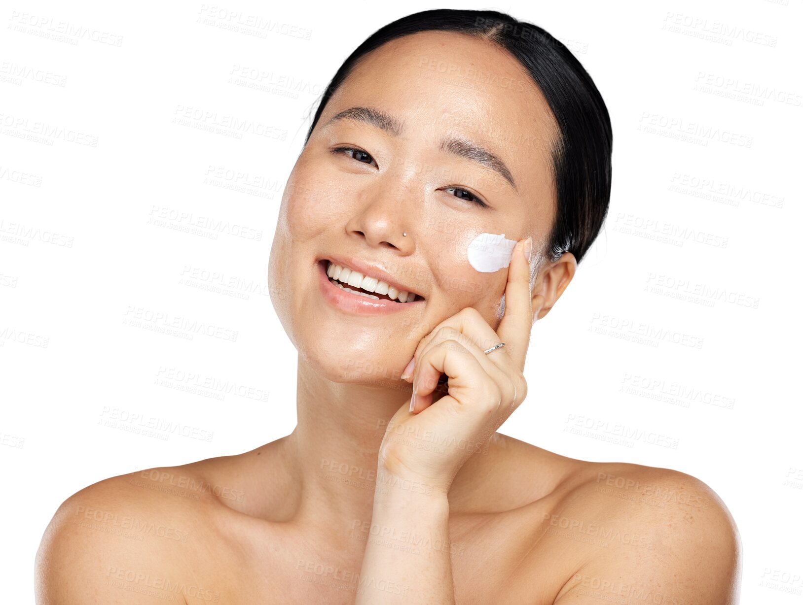 Buy stock photo Face, natural beauty and asian woman with cream for glow, cosmetics and skin health or wellness. Portrait of female model happy with facial dermatology results isolated on transparent, png background