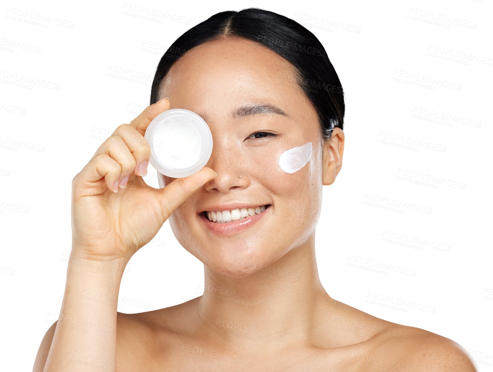 Buy stock photo Asian woman, cream container and face with skin glow, health or wellness cosmetics. Portrait of happy female model with moisturizer product for natural shine isolated on transparent, png background