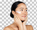 Cream, skincare and woman with product for face against a isolated on a png background. Thinking, wellness and Asian model with facial lotion, creme or sunscreen with idea for health and clean body