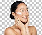 Asian woman, skincare cream and face makeup, sunscreen beauty product and luxury cosmetics wellness isolated on a png background. Happy Japanese model, facial spf lotion and natural aesthetic dermatology 