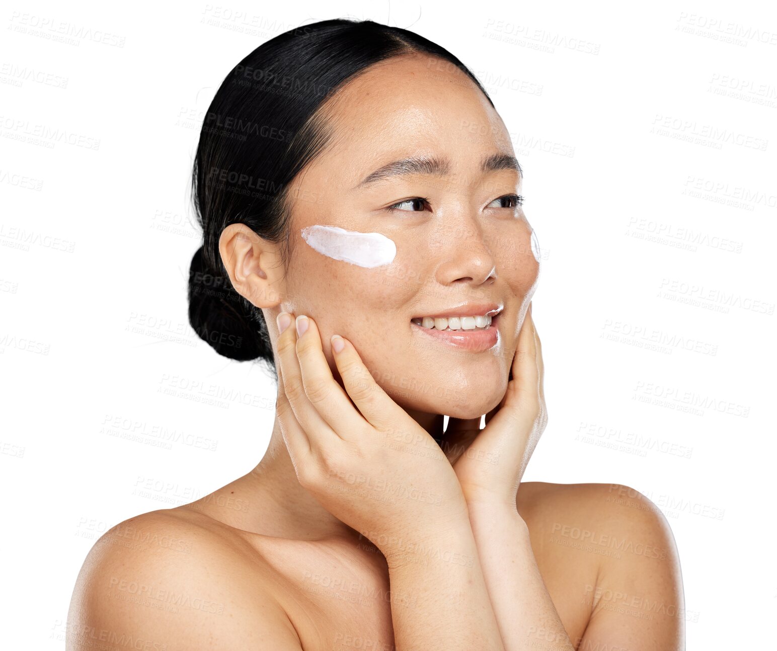 Buy stock photo Beauty, asian woman and face cream for natural skin glow, wellness and cosmetics. Headshot of a happy aesthetic female model thinking of facial moisturizer isolated on transparent, png background