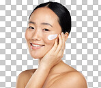 A Woman, face cream or grooming skincare routine on studio background for Japanese facial, wellness or luxury healthcare. Zoom, smile or happy beauty model with spf sunscreen product for sun protection isolated on a png background