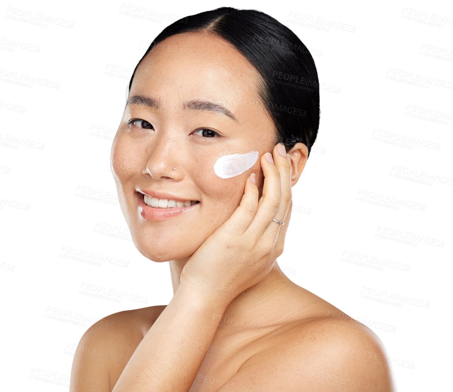 Buy stock photo Asian woman, beauty and face cream for natural skin glow, health or wellness. Portrait of happy aesthetic female model and facial skincare or moisturizer shine isolated on transparent, png background