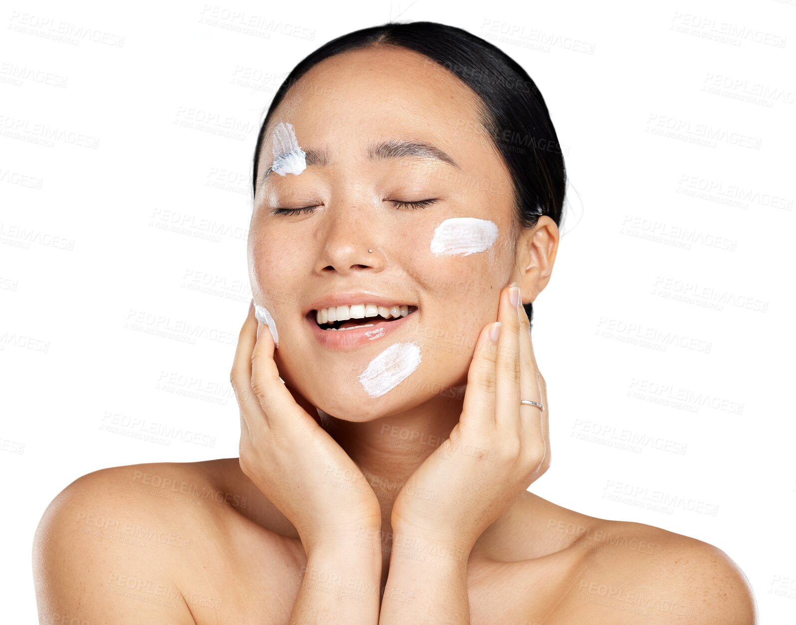 Buy stock photo Happy, face cream and beauty of asian woman with skin glow, cosmetics and wellness. Headshot of natural female model with facial moisturizer and dermatology isolated on transparent, png background