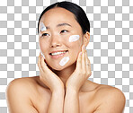 A Woman with sunscreen on face in studio, skincare cream product for natural uv protection and cosmetic wellness. Spa advertising beauty facial, happy korean girl with smile and dermatology spf lotion isolated on a png background