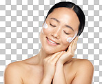 Asian woman, cream and skincare for wellness, natural beauty and healthy with cosmetics in isolated on a png background. Moisturizer, young girl and confident lady with lotion, organic facial and smooth skin.