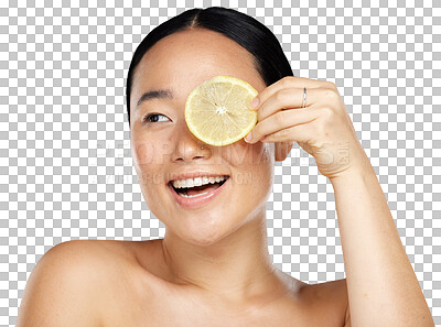 Buy stock photo Beauty, lemon slice and face of asian woman happy with skin care, vitamin c or diet. Headshot of aesthetic female model thinking of natural facial or detox isolated on transparent, png background