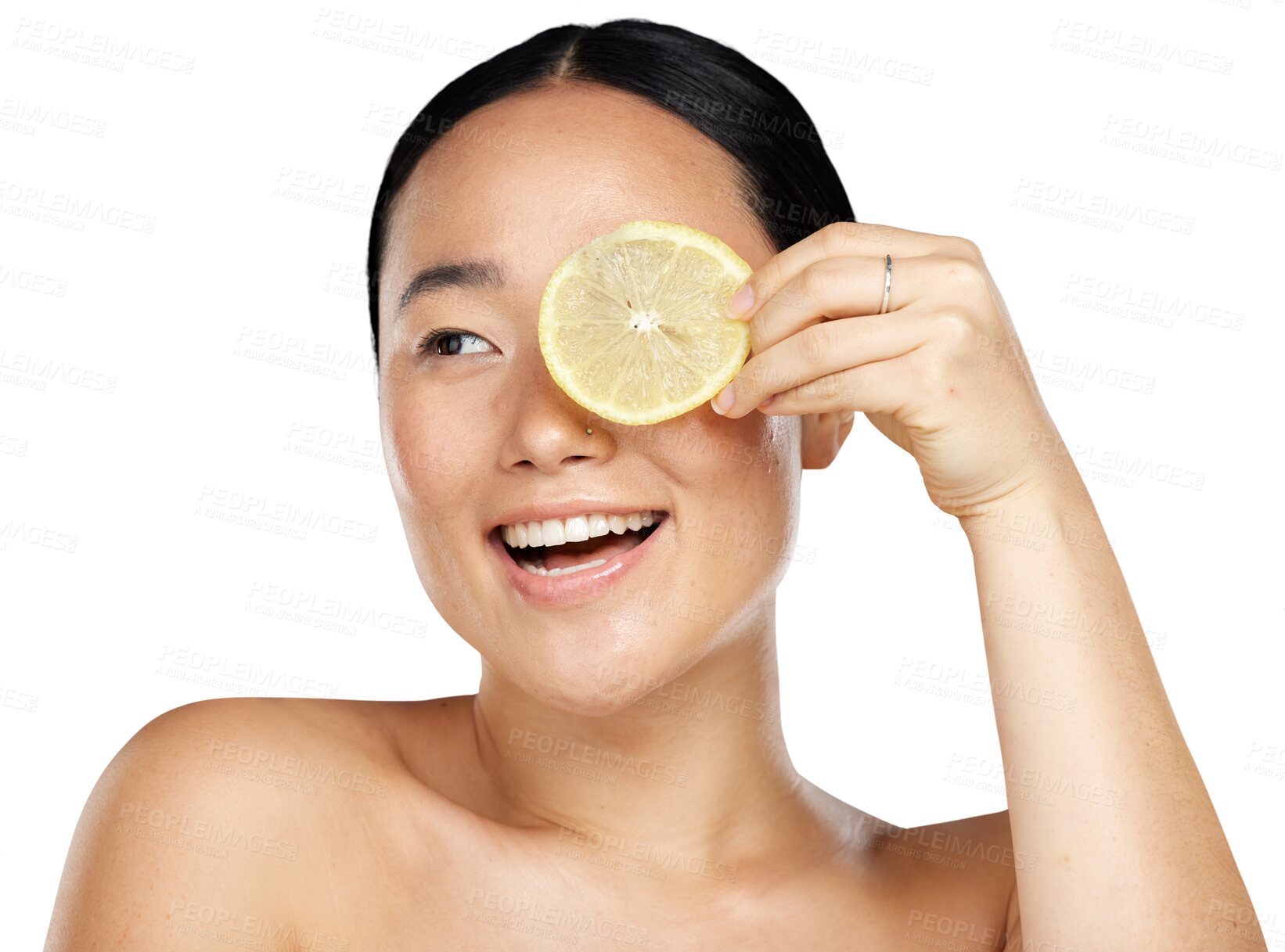 Buy stock photo Beauty, lemon slice and face of asian woman happy with skin care, vitamin c or diet. Headshot of aesthetic female model thinking of natural facial or detox isolated on transparent, png background