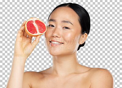 Buy stock photo Beauty, grapefruit and face of a woman with skin care, vitamin c or healthy diet. Portrait of asian female model happy with fruit for natural facial or detox isolated on transparent, png background