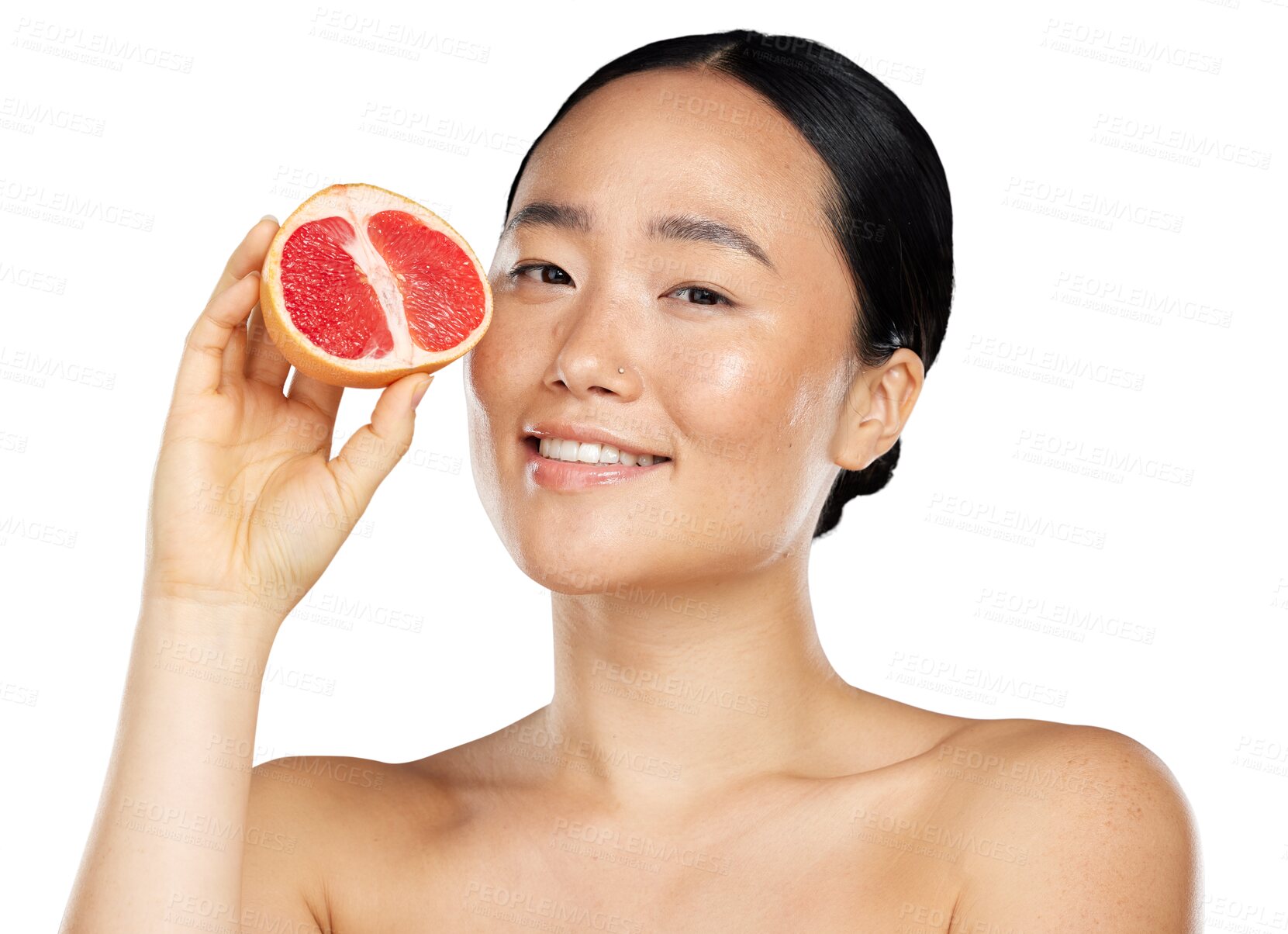 Buy stock photo Beauty, grapefruit and face of a woman with skin care, vitamin c or healthy diet. Portrait of asian female model happy with fruit for natural facial or detox isolated on transparent, png background