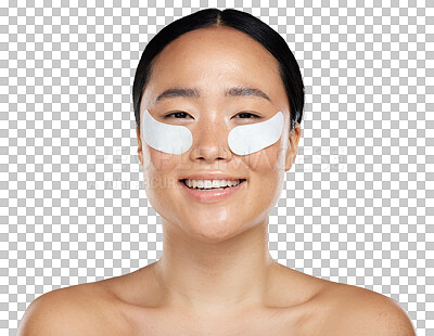 Buy stock photo Beauty, eye patch and face of asian woman with skin care, wellness and cosmetics. Portrait of female model happy with facial dermatology mask for natural glow isolated on transparent, png background