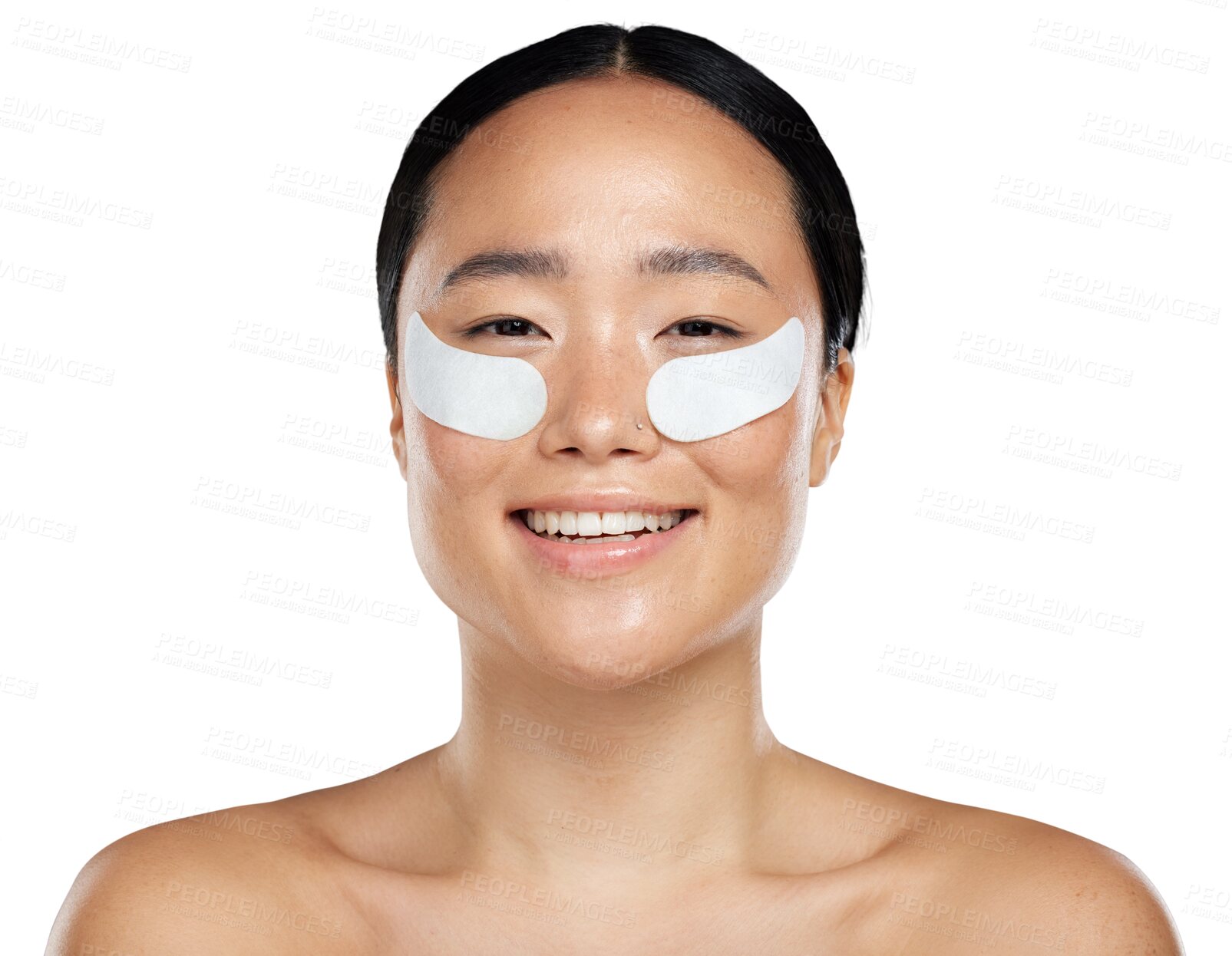 Buy stock photo Beauty, eye patch and face of asian woman with skin care, wellness and cosmetics. Portrait of female model happy with facial dermatology mask for natural glow isolated on transparent, png background