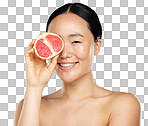 Beauty, skincare and grapefruit with portrait of woman for wellness, health and vitamin c cosmetics. Smile, fruit and natural makeup with face of asian girl for nutrition, luxury and  facial product isolated on a png background