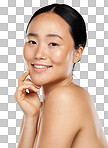 Beauty, asian and skincare with portrait of woman for facial, wellness and cosmetics. Smile, health and luxury with girl in gray background studio for natural makeup, spa and model face product  isolated on a png background