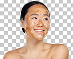 Exfoliate face mask for beauty skincare, natural product for healthy skin and clean cosmetic wellness for body against grey mockup isolated on a png background. Happy, smile and healthcare on Asian woman model  