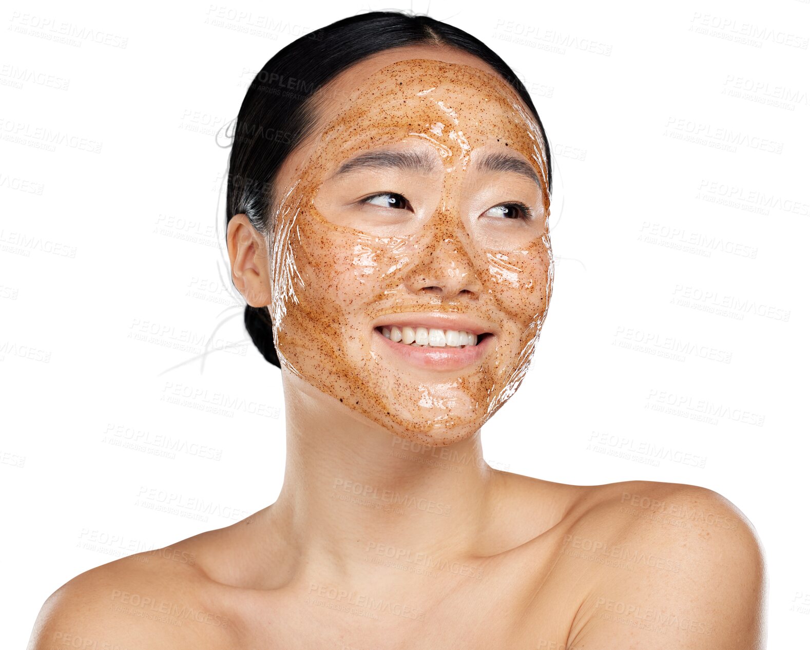 Buy stock photo Coffee mask, face and beauty of a woman with skincare glow, health and wellness. Happy asian female model thinking of dermatology or natural facial scrub idea isolated on transparent, png background