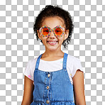 Studio portrait mixed race girl wearing funky sunglasses Cute hispanic child posing inside. Happy and carefree kid with an imagination for being a fashion model isolated on a png background. 