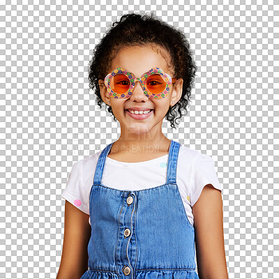 Buy stock photo Portrait, children and a little girl in sunglasses isolated on a transparent background for fashion. Kids, smile and style with a happy young female child looking cute while posing in shades on PNG