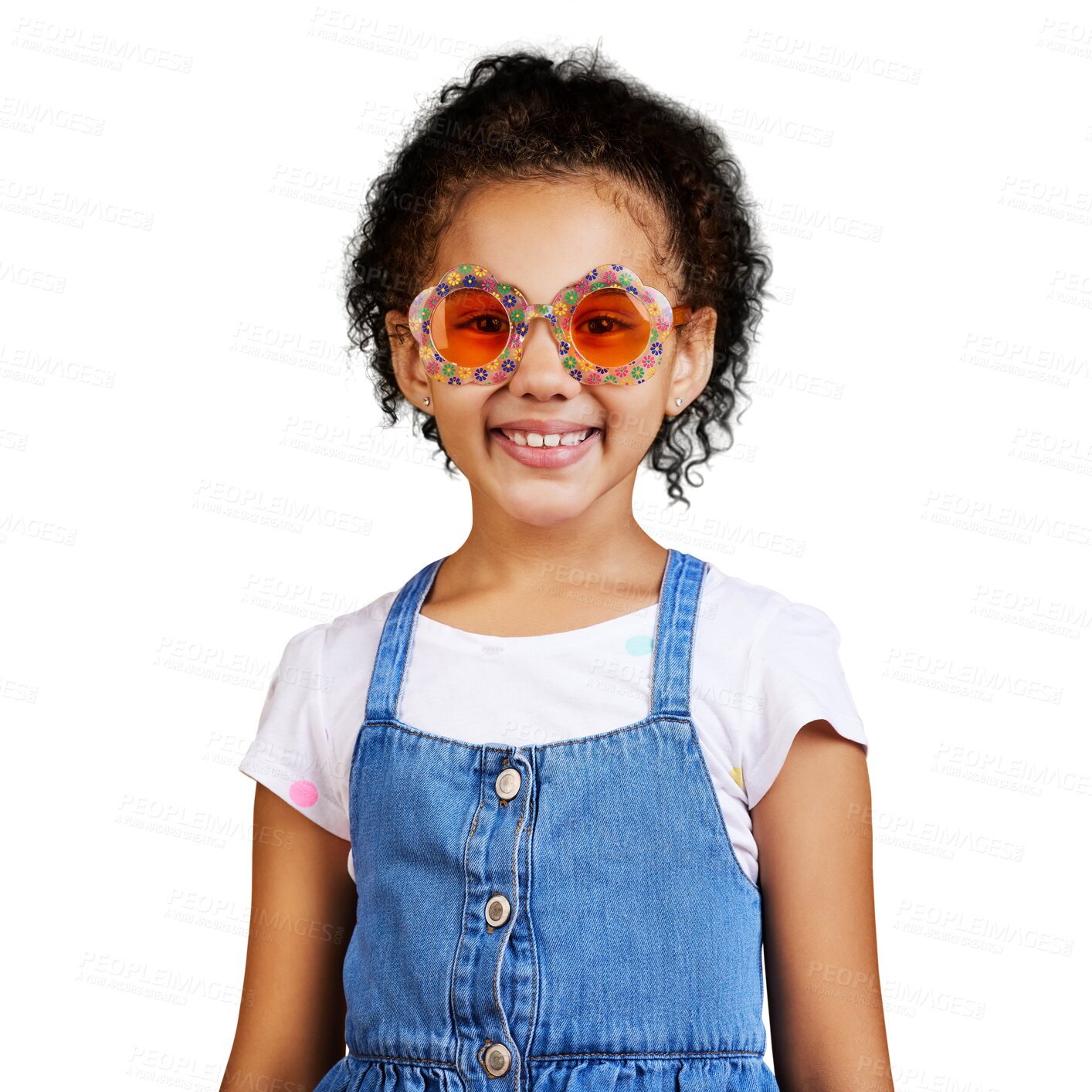 Buy stock photo Portrait, children and a little girl in sunglasses isolated on a transparent background for fashion. Kids, smile and style with a happy young female child looking cute while posing in shades on PNG