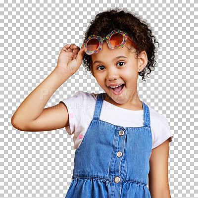 Buy stock photo Portrait, children and an adorable little girl in sunglasses isolated on a transparent background for fashion. Kids, smile and style with a happy young female child looking cute in shades on PNG